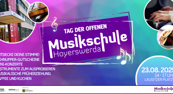 Das Bild zeigt ein Veranstaltungsbanner zum Tag der offenen Tür der Musikschule Hoyerswerda.