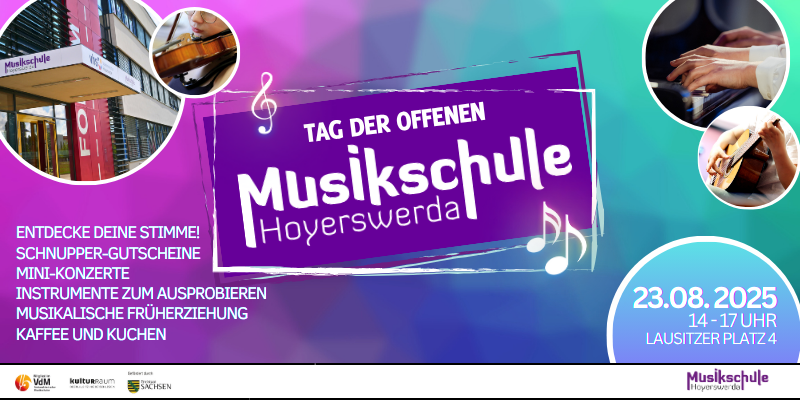 Das Bild zeigt ein Veranstaltungsbanner zum Tag der offenen Tür der Musikschule Hoyerswerda.