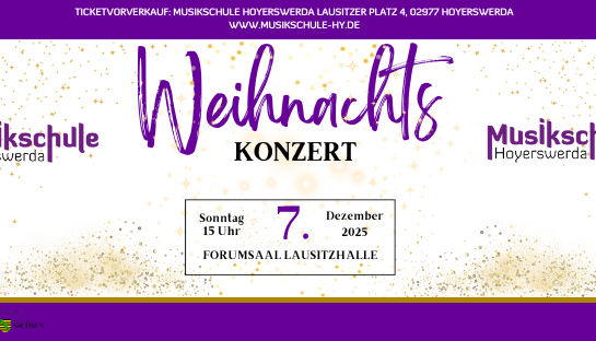 Das Bild zeigt ein Veranstaltungsbanner zum Weihnachtskonzert der Musikschule Hoyerswerda.