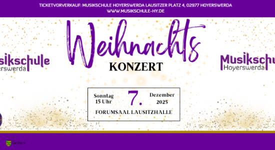 Das Bild zeigt ein Veranstaltungsbanner zum Weihnachtskonzert der Musikschule Hoyerswerda.