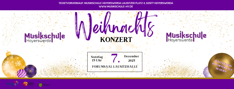 Das Bild zeigt ein Veranstaltungsbanner zum Weihnachtskonzert der Musikschule Hoyerswerda.