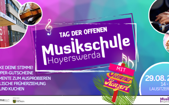 Das Bild zeigt ein Veranstaltungsbanner zum Tag der offenen Tür der Musikschule Hoyerswerda.