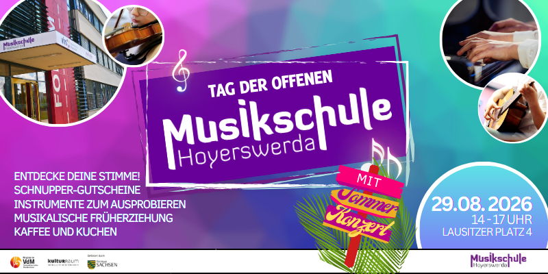 Das Bild zeigt ein Veranstaltungsbanner zum Tag der offenen Tür der Musikschule Hoyerswerda.